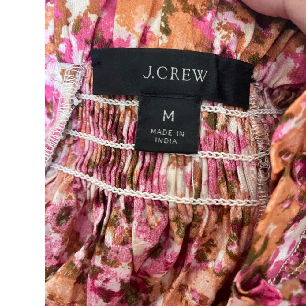 J.Crew Smocked Neck Puff Sleeve Poplin Top Pink Orange Abstract Floral Size M
